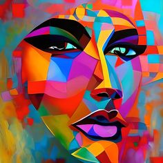 a painting of a woman's face with multicolored squares around her eyes