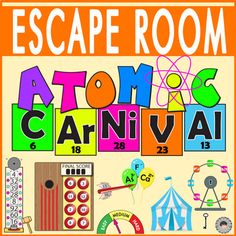 an orange poster with the words escape room atomic carnival on it's front cover