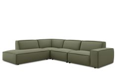 a large sectional couch with four seats on the back and one arm folded out, in an olive green color