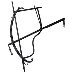 a black wrought iron rack with hooks on the top and bottom, against a white background