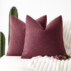 two pillows sitting on top of a white couch next to a cacti plant