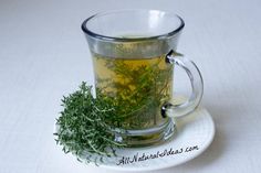 a glass cup filled with green tea and herbs