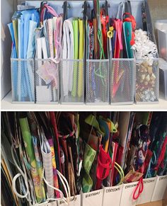 an organized closet with plastic bins filled with pens, pencils and other office supplies