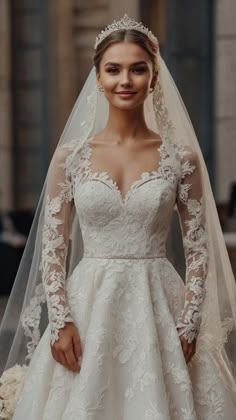 a woman wearing a wedding dress with long sleeves and a veil on her head is smiling at the camera