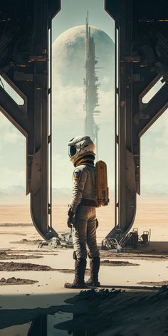 an astronaut standing in front of a space station looking out at the distant planet below