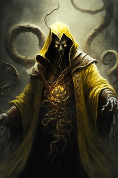 an image of a man in a yellow robe and hood with tentacles around his neck