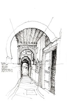 an ink drawing of a hallway leading to the entrance to a building with arches and doorways