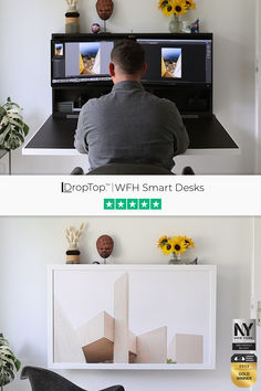 a man sitting at a desk in front of a computer monitor with the words droptop vwh smart desktops on it