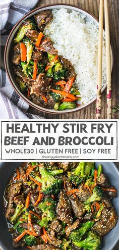 beef and broccoli stir fry with rice in a bowl