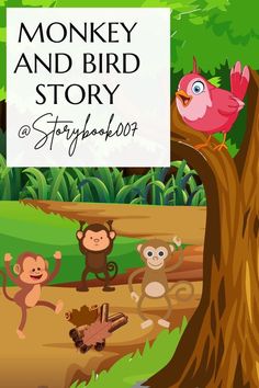 the monkey and bird story is shown in front of a sign that says, stop