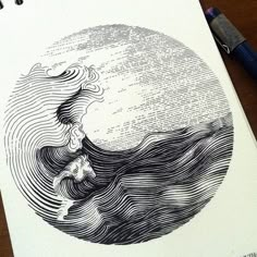 a drawing of a woman floating in the ocean with waves coming out of her head