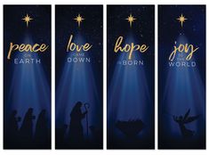 three vertical banners with the words, love, hope, and jesus in gold lettering