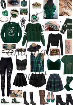 a collage of green and black outfits, including sweaters, boots, bracelets, necklaces