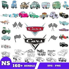 various cartoon cars and trucks are shown in this graphic art workbook, including the logo for