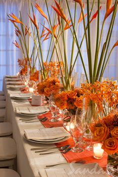 a long table is set with orange flowers and place settings for the dinner guests to enjoy