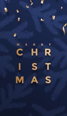 a merry christmas card with gold confetti and streamers on a dark blue background