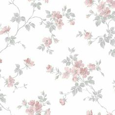 a white and pink flower wallpaper with grey leaves on the bottom right hand corner