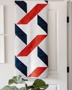 a red, white and blue quilt hanging on a wall next to a potted plant