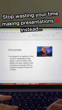 someone is typing on their laptop with the caption stop using your time making presentations instead