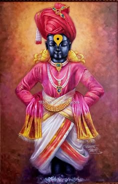 an oil painting of a man in pink and yellow attire with beads on his head