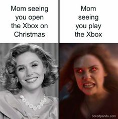 two pictures with the words mom seeing you open the xbox on christmas and an image of a woman's face