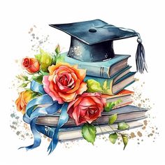 a watercolor painting of a graduation cap and books with roses on it, by person