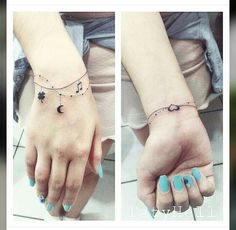 two pictures of the same person's hand with tattoos on them, one has a crescent