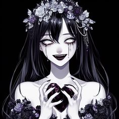 a woman with long black hair wearing a flower crown and holding a heart in her hands