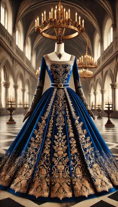 Old Style Ball Gowns, Simple Royal Dress, Georgian Era Dress, Royal Blue Ball Gown Princesses, Royal Ball Outfit, Royal Fantasy Dress, Blue Princess Dress Aesthetic, Beautiful Ball Gowns Fairytale, Blue And Gold Dresses