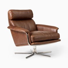 a brown leather chair sitting on top of a metal base