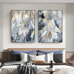 Chic Abstract Blue Golden Feathers Wall Art Fine Art Canvas Prints Posters Pictures For Living Room Dining Room Modern Bedroom Art Decor Feather Wall Art, Golden Leaf, Chic Spaces, Feather Wall, Leaf Flower, Poster Pictures, Wall Art Canvas Painting, Living Room Pictures, Leaf Flowers