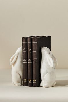 three books are sitting on top of each other in front of a white bunny statue