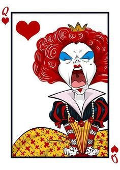 the queen of hearts playing card has an evil face and red hair, with blue eyes