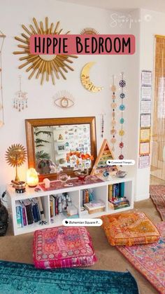 a living room filled with lots of colorful rugs and pillows on top of it