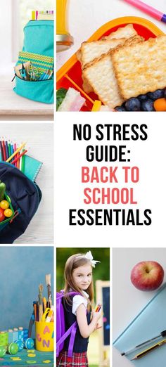 the back to school essentials are in this collage, including lunch bags and pencils