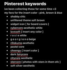 an image of a text description for pinterest keywords on a black background