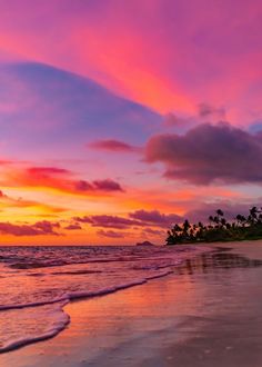 the sun is setting on an ocean beach with palm trees in the foreground and pink clouds in the background