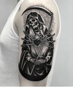 a man's arm with a black and white tattoo of a skeleton holding a sculler