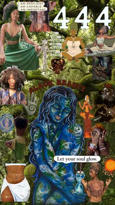 a collage of images with the words 4 44 and four women in different colors