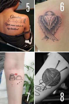 four different tattoos on the back of women's arms