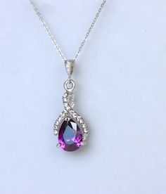 Amethyst Crystal Necklace, Purple Crystal Bridal Necklace, Wedding Necklace, Amethyst Bridesmaids Ne Purple Diamond Jewelry, Elegant Purple Pear-shaped Necklace, Purple Teardrop Necklace For Formal Occasions, Purple Teardrop Necklace For Formal Events, Purple Teardrop Pendant Necklace For Formal Occasions, Elegant Teardrop Crystal Necklaces For Parties, Elegant Purple Crystal Rhinestone Necklace, Elegant Purple Rhinestone Crystal Necklace, Teardrop Crystal Rhinestone Necklace For Gift