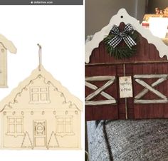 a christmas ornament with a barn on the front and an image of a house on the back