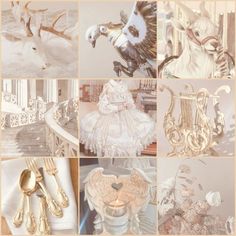 a collage of photos with gold and white items