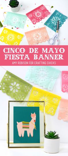 paper mexican crafts with the text cinco de mayo fiesta banner above it and an image of