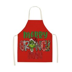 a red apron with the words merry griny mass on it and an elf's head