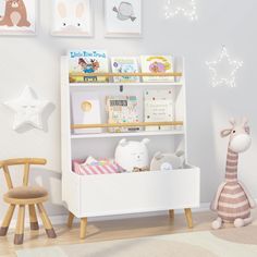 a child's book shelf with stuffed animals and books