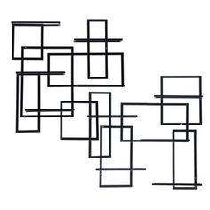 an abstract black and white painting with squares in the shape of rectangles on a white background