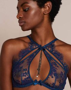 Agent Provocateur Palmina High Neck Underwired Bra. A high-necked, wired bra crafted from blue floral lace with violet accents. Lustrous blue straps and matching binding silhouettes a statement style, with straps criss-crossing at the collarbone creating cutaway effects. Finished with a detachable cluster of chains and gems hanging at the décolletage. #afflink Marty Simone, Bra Crafts, Body Lingerie, Wired Bra, High Neck Bra, Activewear Print, Lingerie Inspiration, Boss Life, Blue Lingerie