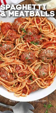 spaghetti and meatballs in a white bowl with the title easy to make spaghetti and meatballs