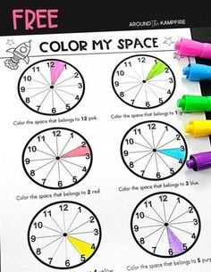 color my space worksheet for kids to learn how to tell the time in different colors